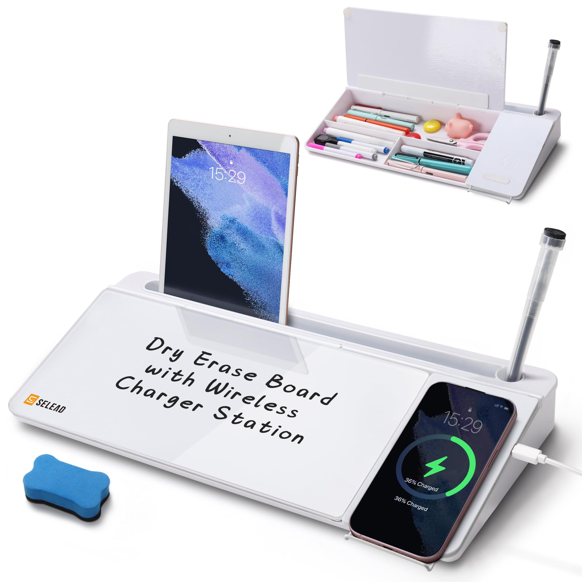 SELEAD Glass Whiteboard with Wireless Charger - 18x12 Inch Desktop Dry Erase Board, Computer Keyboard Stand with Organizer Drawer for Home Office, School & Workspace - Perfect for Meetings, Notes & Device Charging (White)