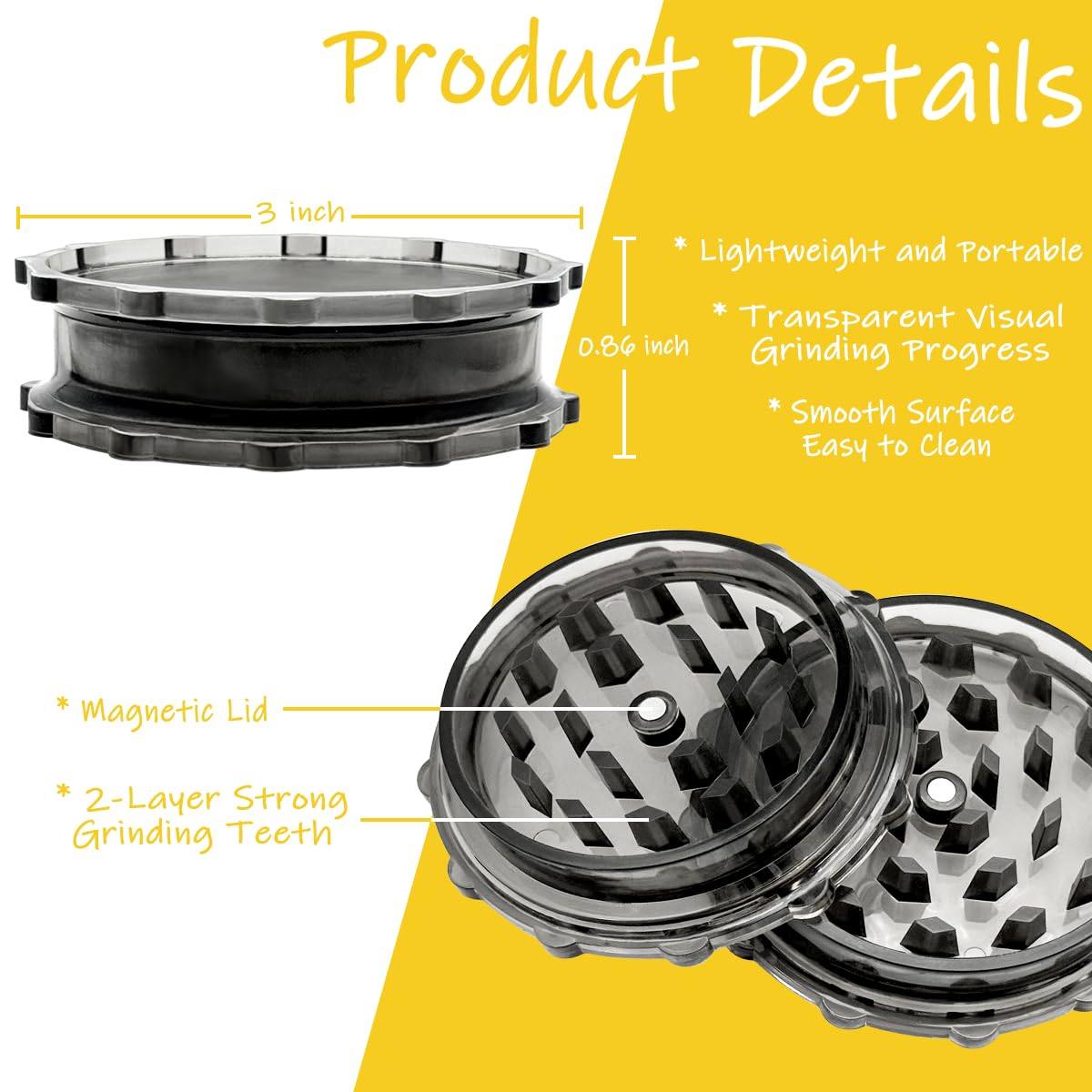 3 Inch Black-Translucent 2-Layer Herb Grinder with Magnetic Lid - Compact & Portable Spice Crusher for Kitchen, Cooking, and Outdoor Use - Perfect for Grinding Herbs, Spices, and Tobacco