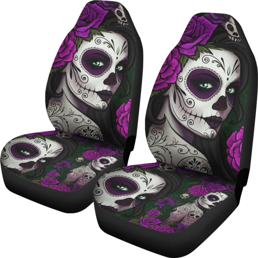 2 Pcs Sugar Skull Girls Car Seat Covers - Mexican Day of the Dead Design, Universal Fit for Most Vehicles, Soft & Durable - Perfect for Halloween, Dia de los Muertos, and Themed Parties