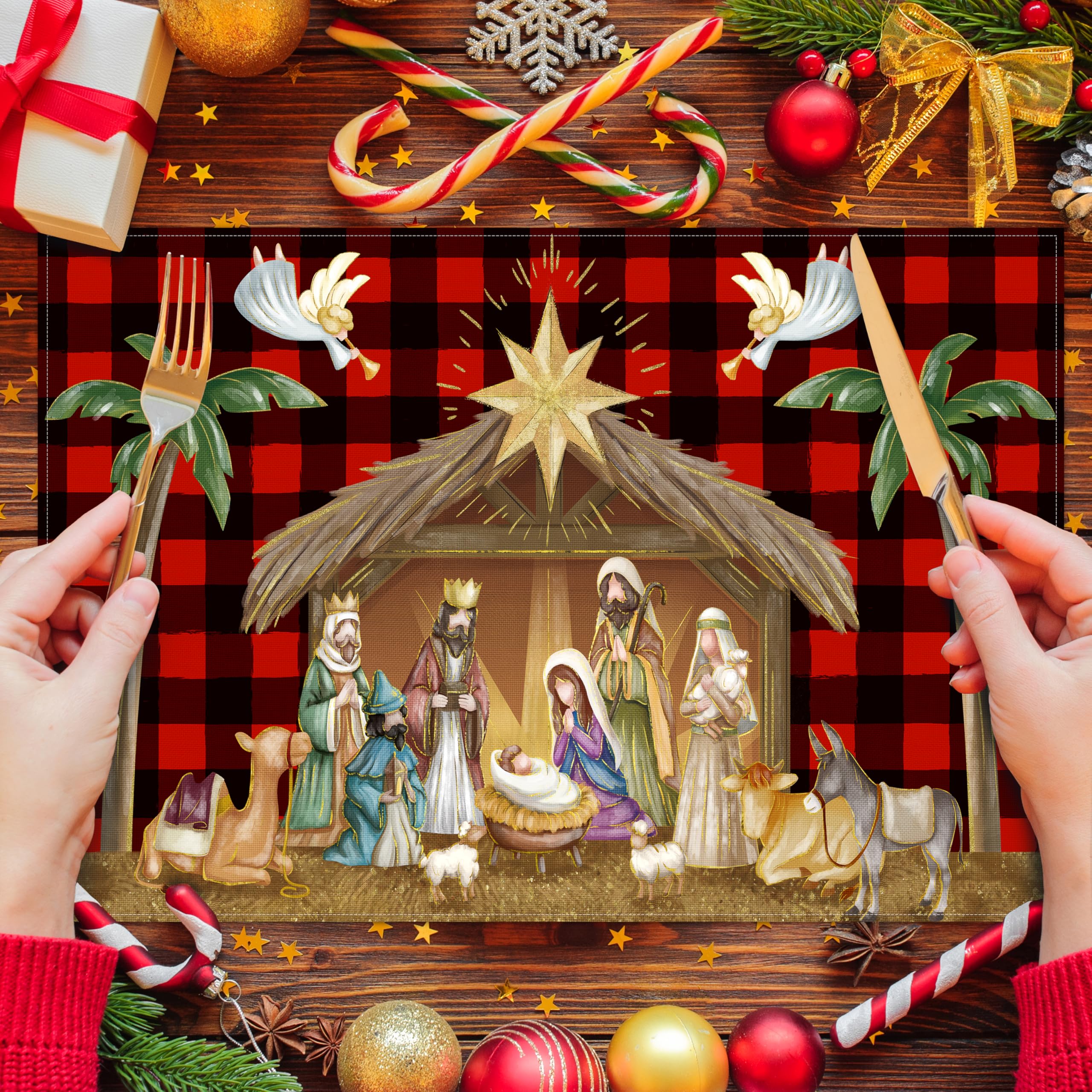 6-Pack Christmas Placemats Set - Nativity Scene Holiday Dining Table Mats, Washable Linen Xmas Decor (12x18 Inch) - Perfect for Christmas Dinner, Holiday Parties & Festive Home Decor
