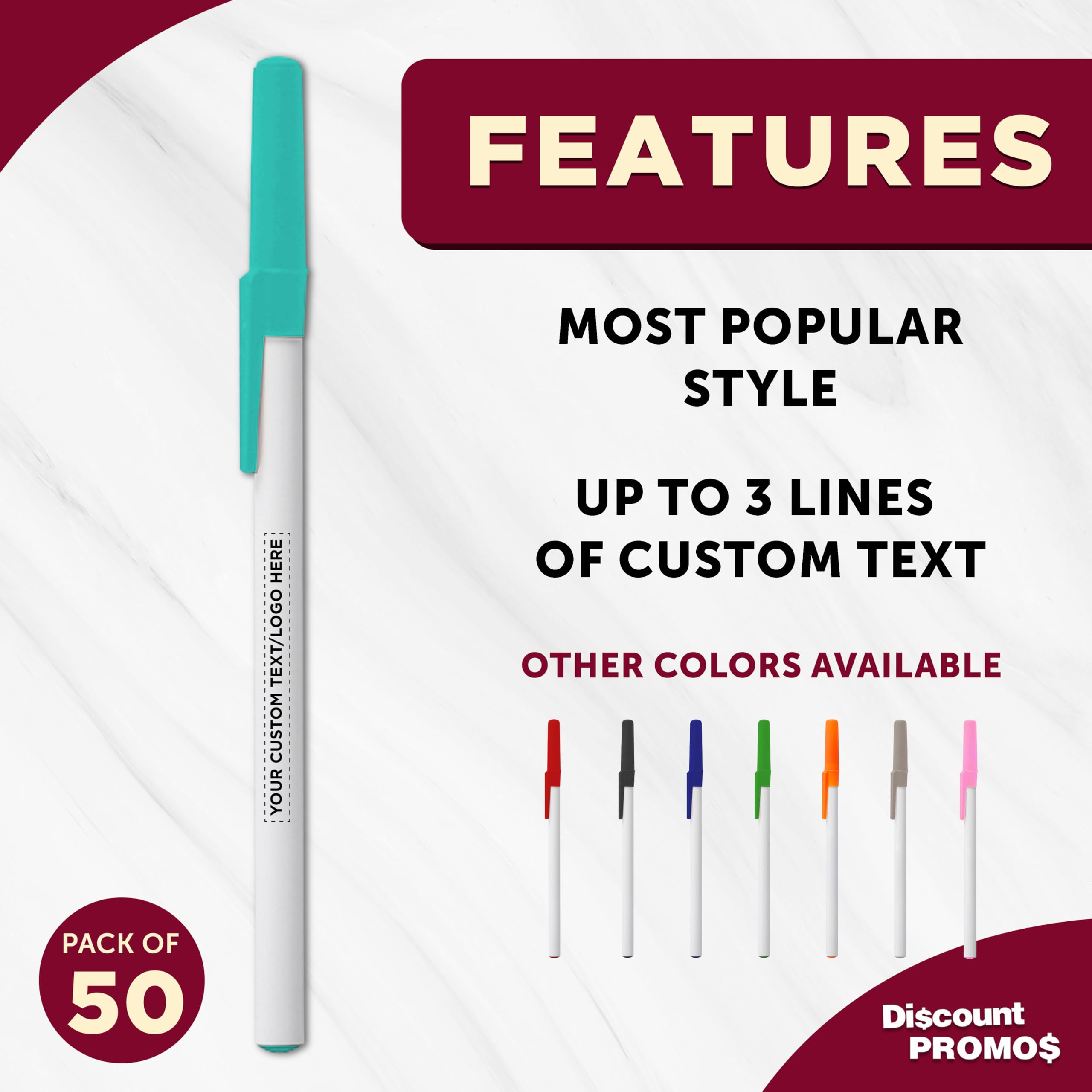 Custom Printed Bulk Pack of 50 Black Ink Stick Pens - Personalized Promotional Pens for Office, School, Business, Tradeshows & Events - Perfect for Branding, Giveaways & Corporate Gifts (Teal)