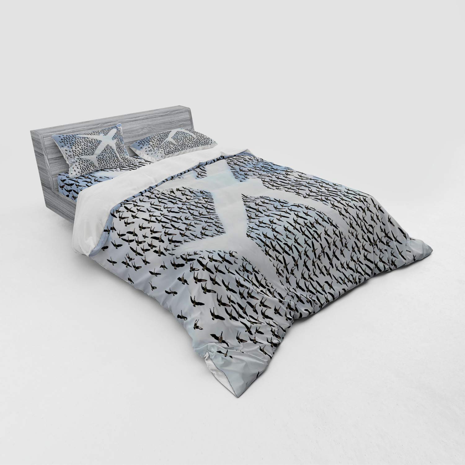 Ambesonne 4-Piece Queen Size Duvet Cover Set - Airplane in The Sky with Doves & Hummingbirds Adventure Travel Theme, Pale Blue Black White Bedding with Shams & Fitted Sheet | Perfect for Vacation Homes, Guest Rooms & Travel-Themed Bedrooms