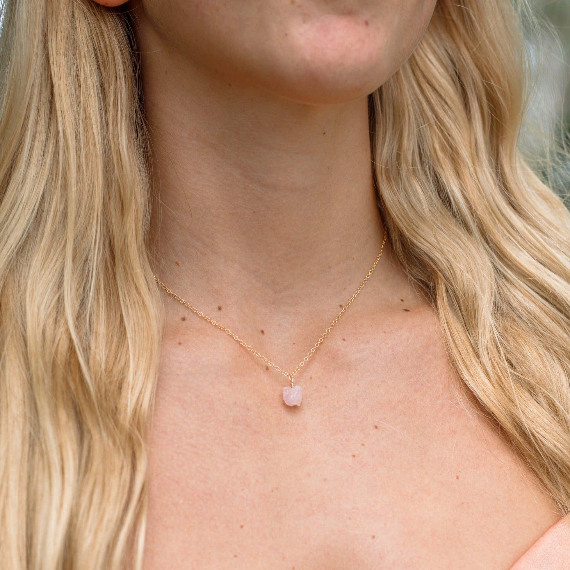 Tiny Raw Rose Quartz Pendant Necklace - Natural Healing Crystal Jewelry for Women - Perfect for Meditation, Yoga & Spiritual Gifts