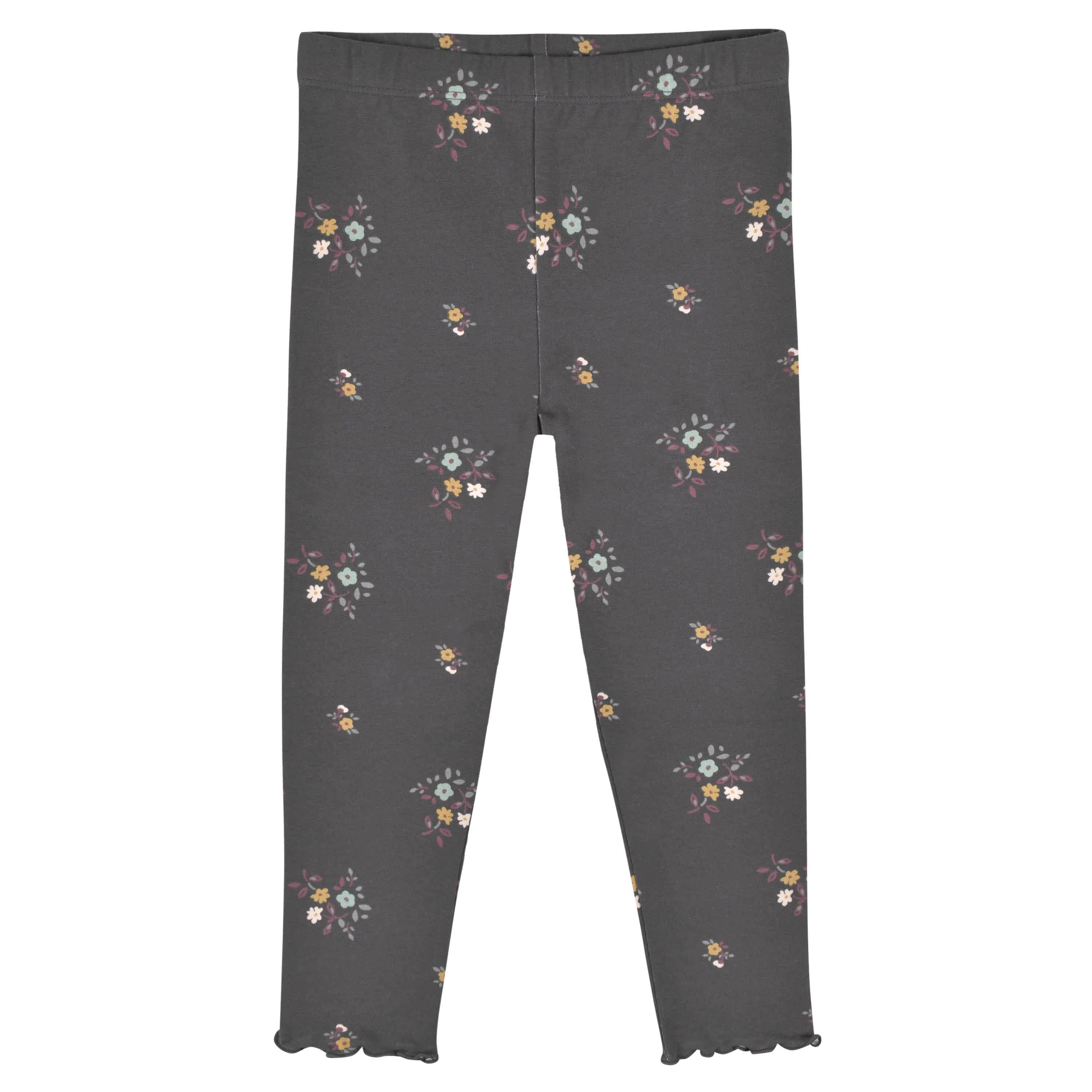 3 Pack Mustard & Charcoal Floral Leggings for Baby Girls & Toddlers - Soft Stretchy Cotton Pants for Playtime, Daycare & Family Outings