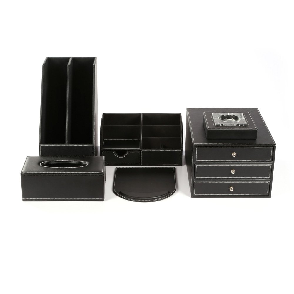 KINGFOM 6-Piece Office Desk Organizer Set - Synthetic Leather Desk Accessories with Organizer, Mouse Pad, File Cabinet, Document Holder, Pen Holder & Tissue Box Cover - Perfect for Home Office, Workspace & Study Desk Organization (T02H)