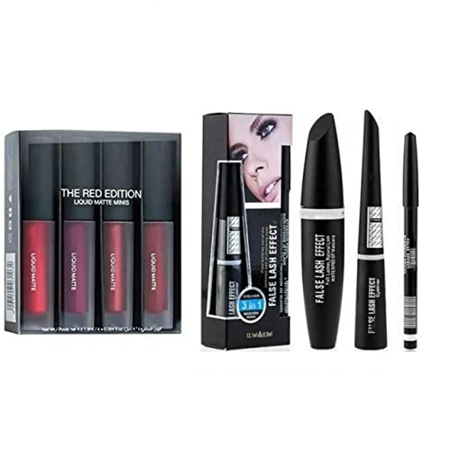 Tayan 4-Piece Mini Red Edition Liquid Lipstick Set - Waterproof Glitter Eyeliner, 3-in-1 Eyeliner, Mascara & Black Kajal for Women | Perfect for Party, Wedding & Daily Makeup Looks