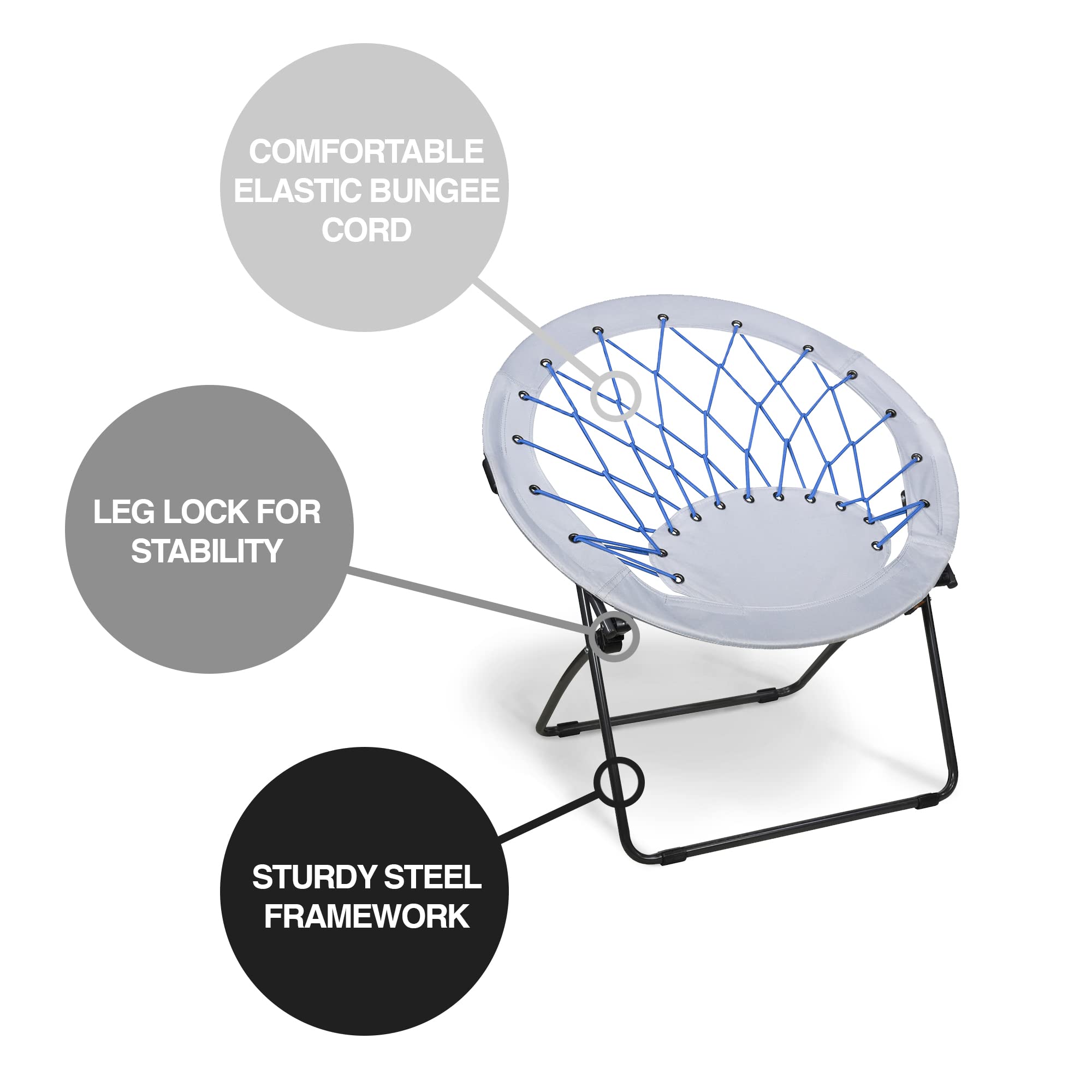Zenithen Folding Bungee Chair - Round Metal Frame Dish Saucer Chair for Indoor & Outdoor Use - Perfect for Bedroom, Dorm, Camping, Movies & Relaxation - Cobalt Blue (1-Pack) | Great for Patio Lounging, Backyard Gatherings & Small Space Living