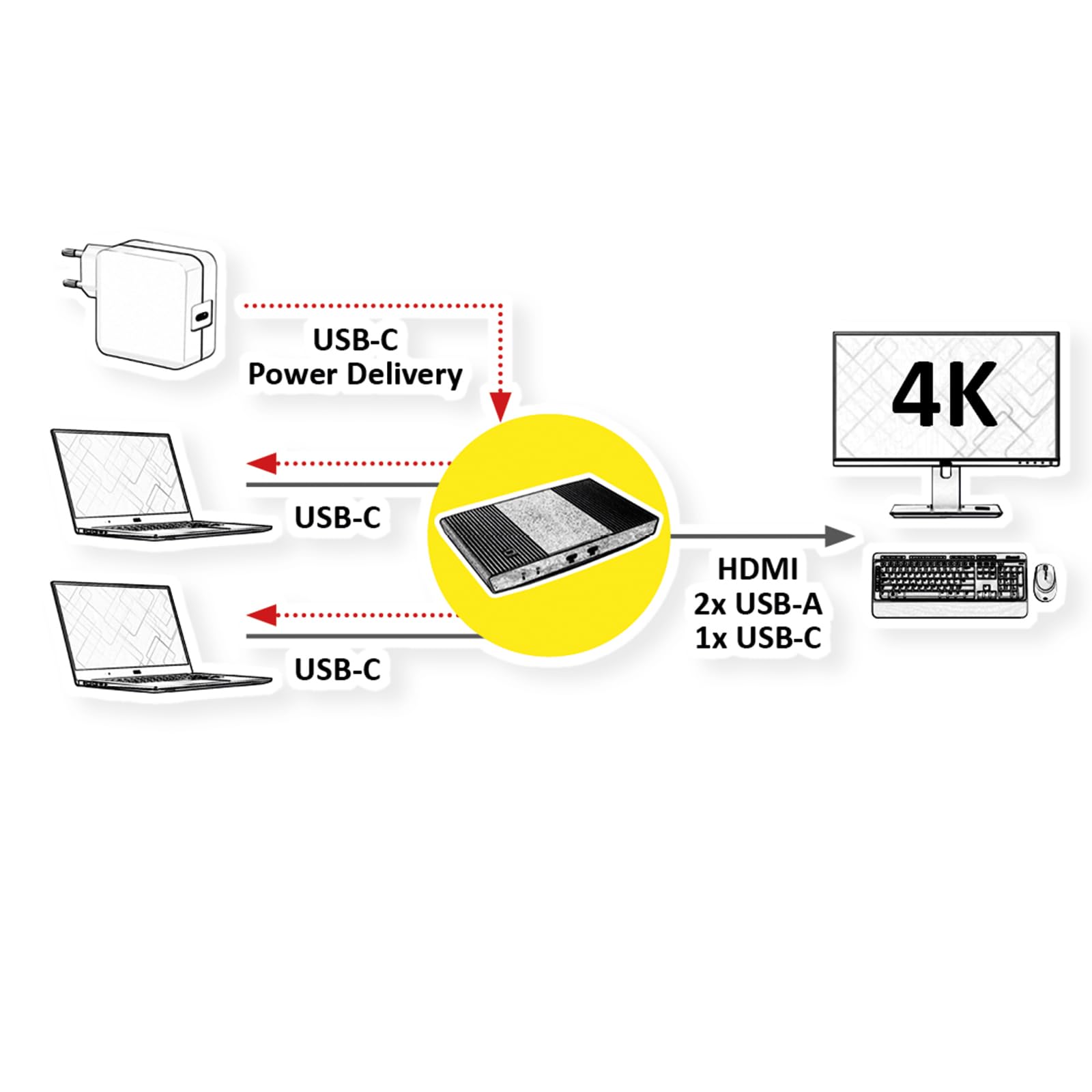 ROLINE 4K HDMI KVM Switch with USB for 2 Devices - Seamless Control Between Laptop & PC for Home Office & Gaming Setup