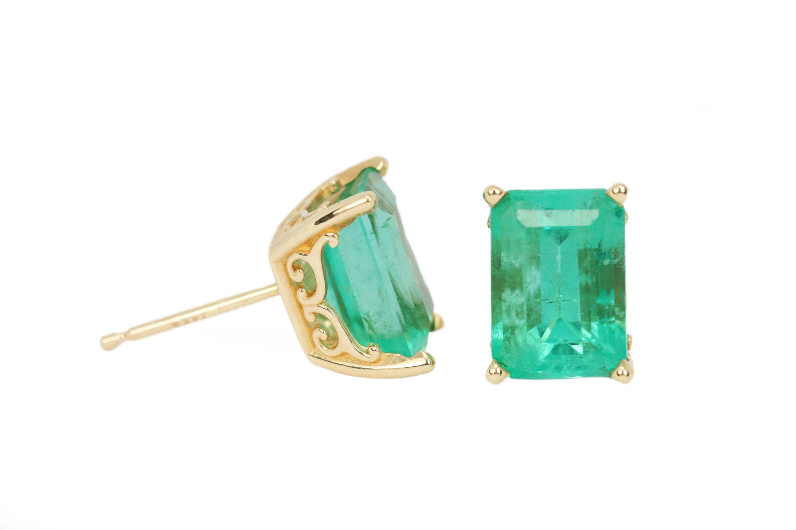 3.24tcw 14K Gold Fleur De Lis 4-Prong Emerald Cut May Birthstone Stud Earrings - Perfect for Mother's Day Gifts, Bridal Jewelry & Everyday Elegance
