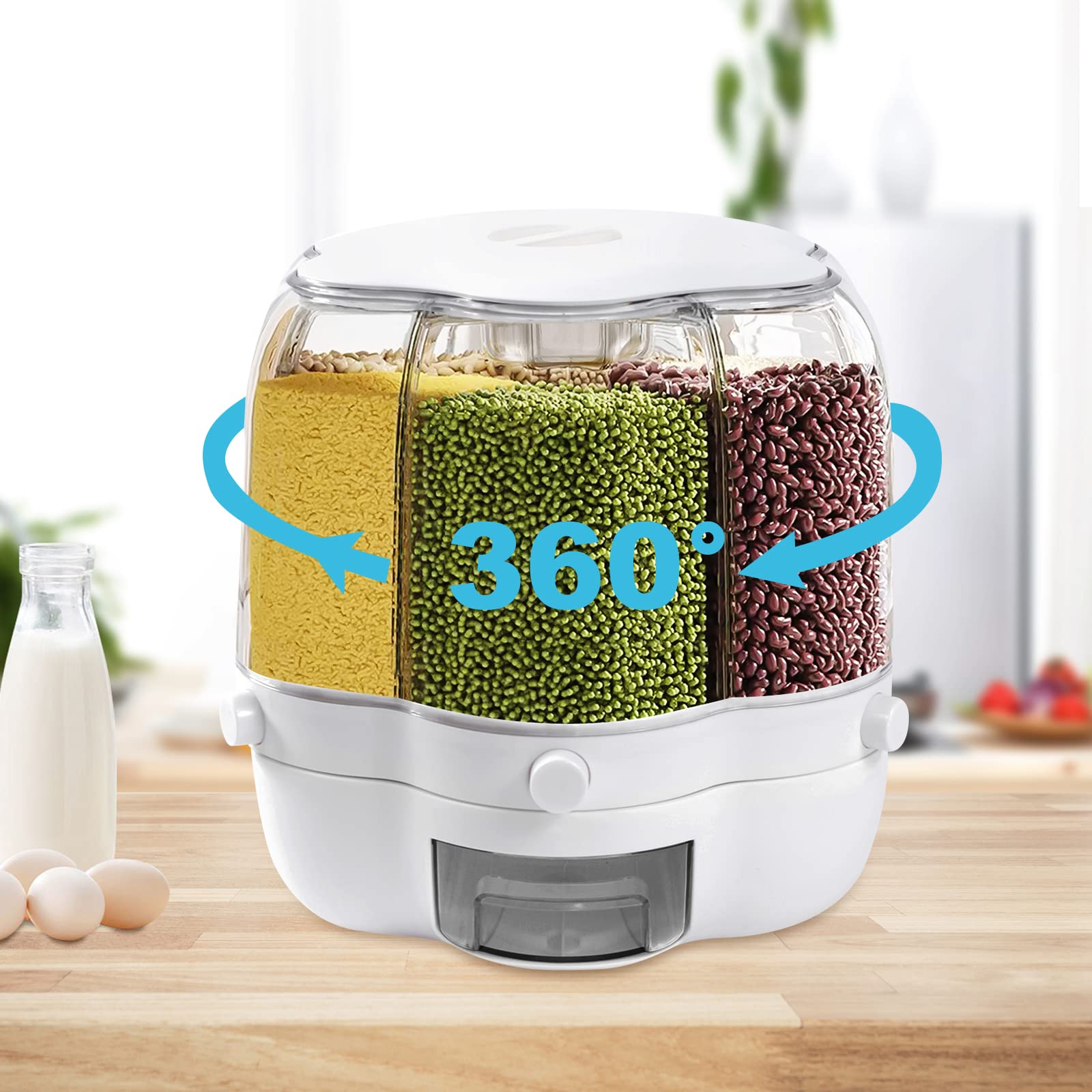 10KG Airtight Rice Storage Container with Lid - 6 Grid Kitchen Organizer for Rice, Grains, Beans & Dry Food | Moisture Resistant & 360° Rotating Design | Easy Assembly for Pantry & Kitchen Organization