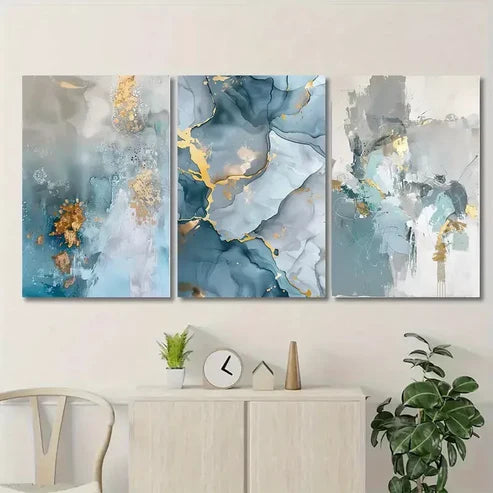 3-Piece Abstract Canvas Wall Art Set - Golden & Blue Framed Paintings 50x70cm | High-Quality Print | 100% Australian Made | Ready to Hang | Perfect for Living Room, Bedroom & Office Decor