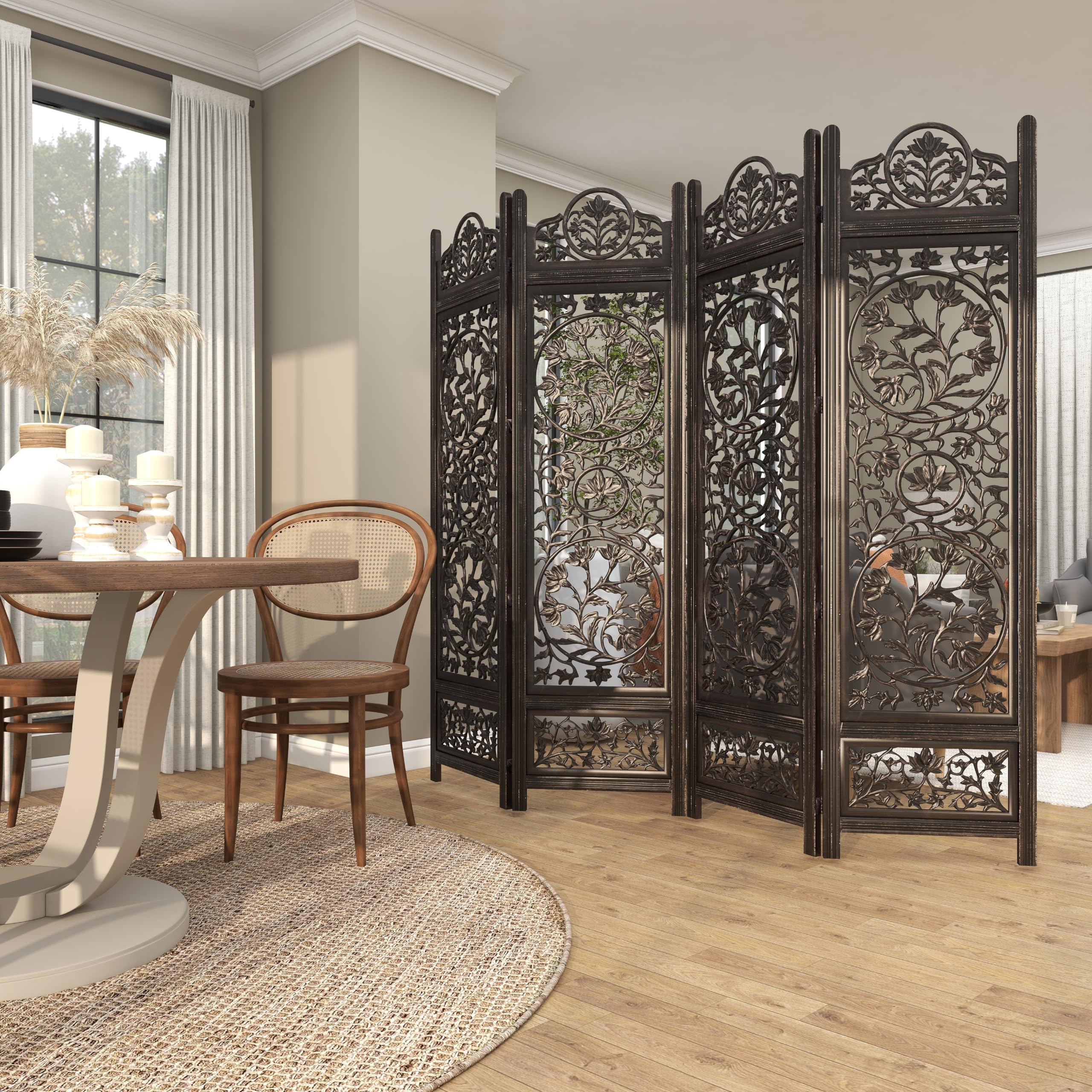 Deco 79 Handmade Wood Floral Room Divider Screen - 4 Panel Foldable Privacy Partition with Carved Design, 80