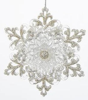 4.5 Inch Silver Glitter Plastic Snowflake Ornament - Christmas Tree Decorations, Holiday Party Decor, Winter Wedding Decorations