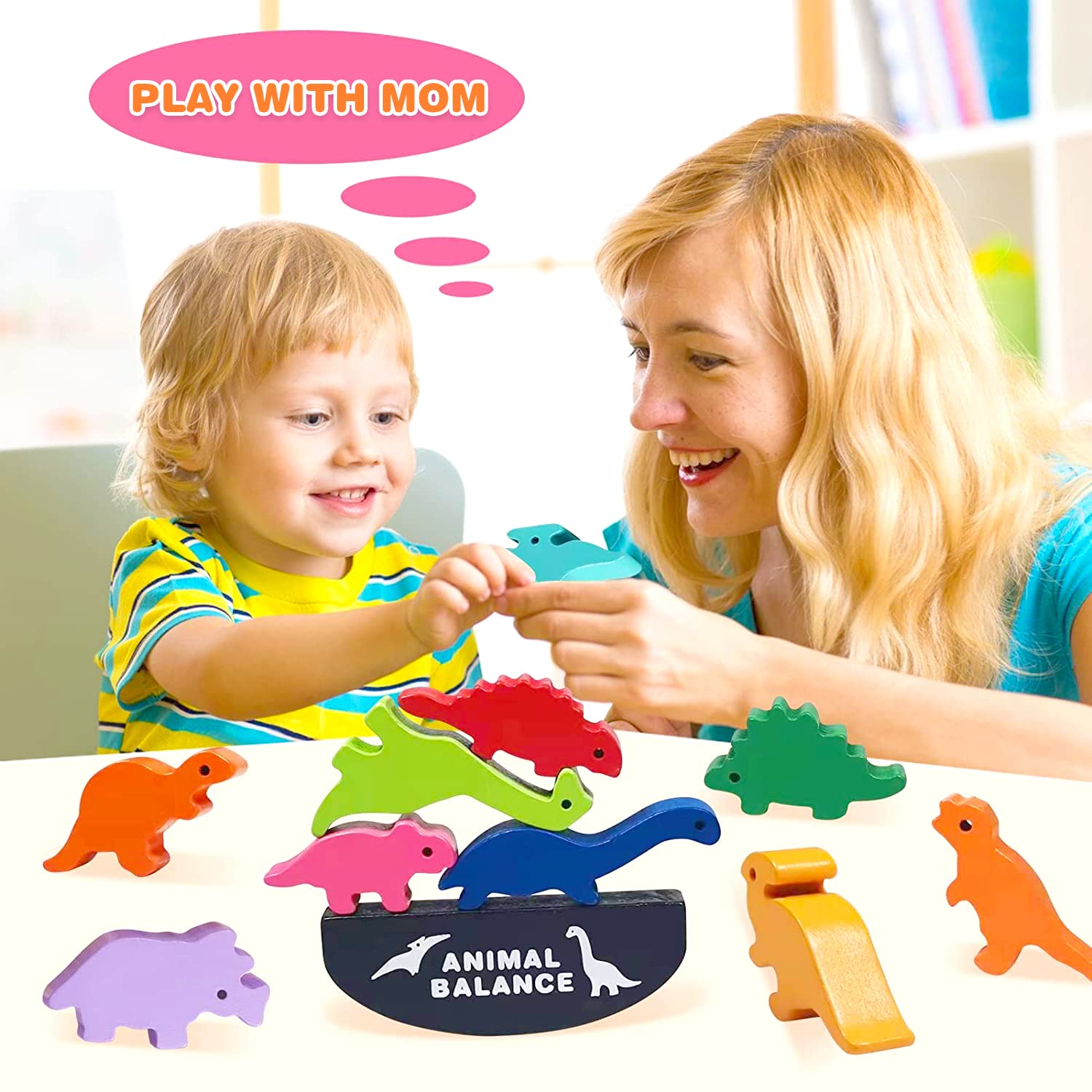 Dinosaur Wooden Balance Blocks - Montessori Stacking Building Toys for Kids, Educational Preschool Learning Games for Boys & Girls - Perfect Birthday Party Gift & Classroom Activity (Dino Theme)