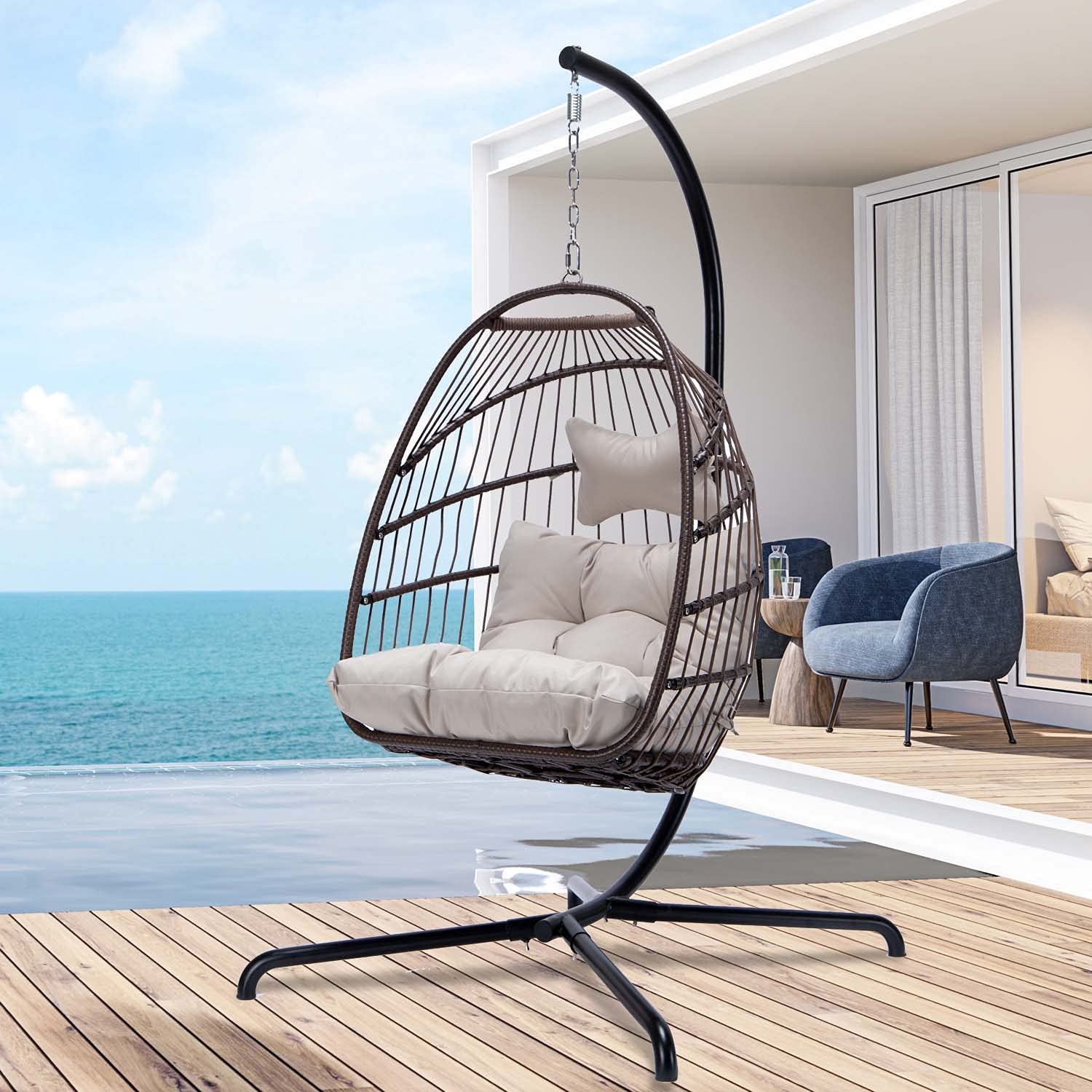 Bulexyard Swing Egg Chair with Stand - Indoor/Outdoor Wicker Rattan Hanging Chair with UV-Resistant Cushions, 350lbs Capacity - Perfect for Bedroom, Balcony, Patio, Garden & Backyard Relaxation (Brown)