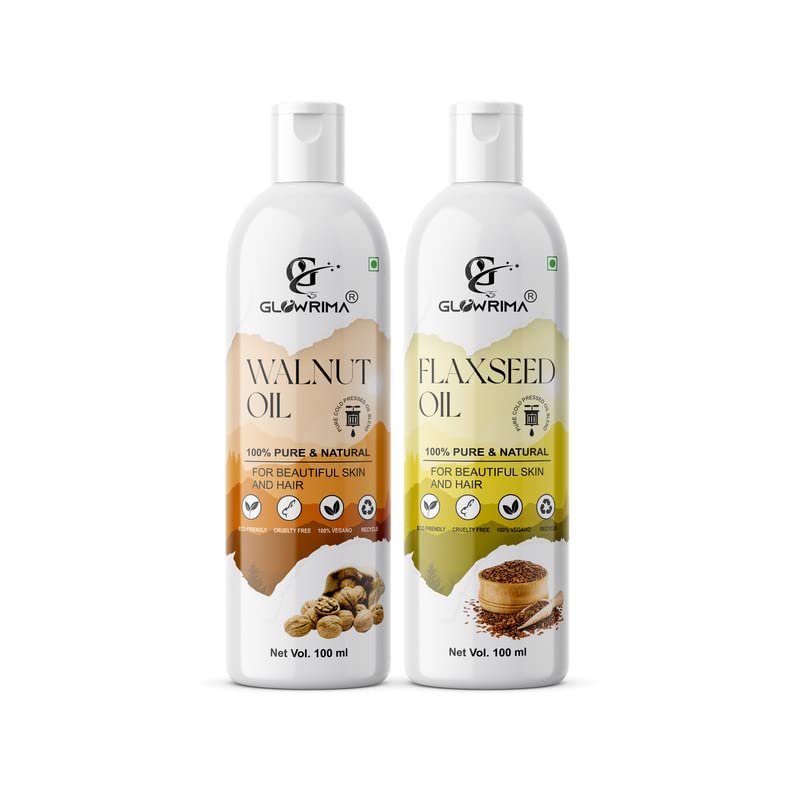 Glowrima 100% Pure Walnut Oil & Flaxseed Oil Combo (100ML Each) - Promotes Rapid Hair Growth, Reduces Hair Fall, Repairs Split Ends for Softer & Shinier Hair - Ideal for Daily Hair Care & Scalp Massage (Pack of 2)