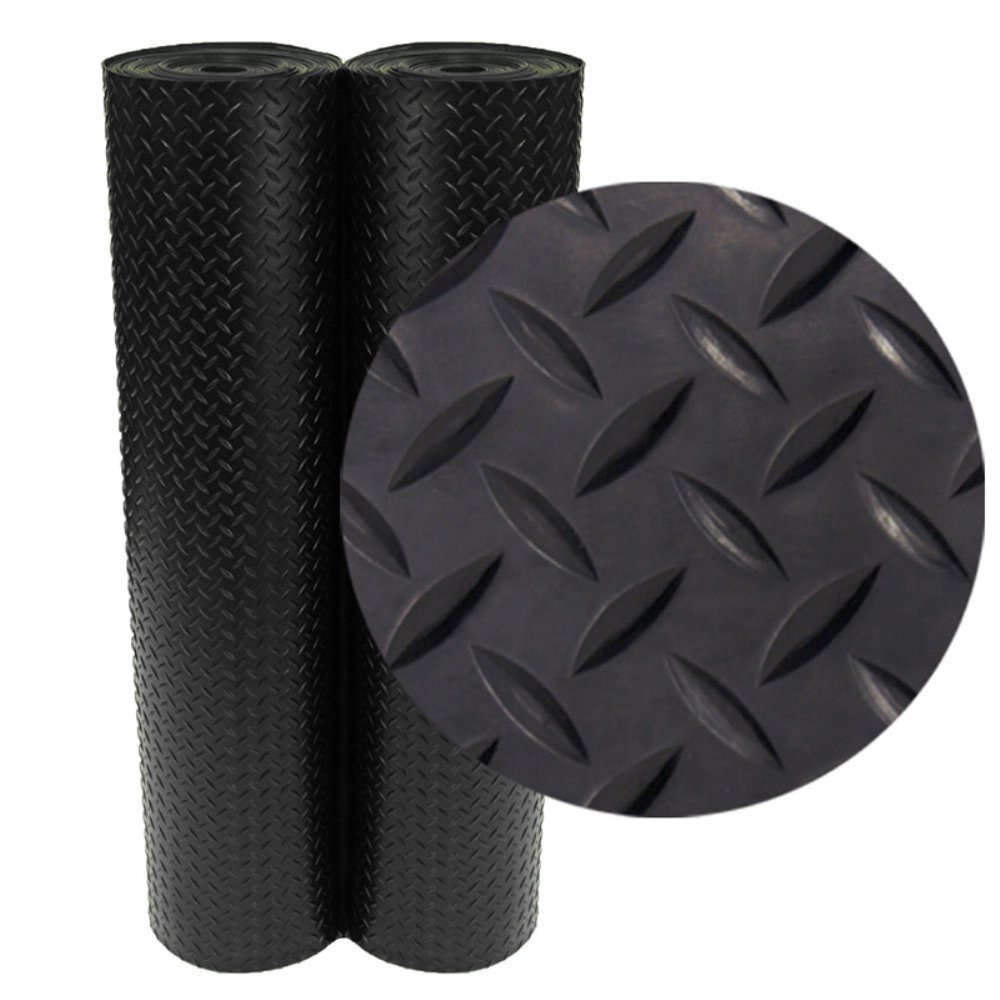 Rubber-Cal Diamond Plate Rubber Flooring Rolls - Black, Non-Slip Industrial Floor Mat for Garages, Workshops, and Commercial Spaces