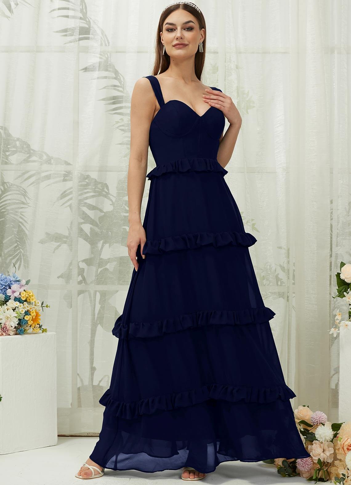 Elegant Dark Navy Chiffon Sweetheart Neckline Strapless Tiered Maxi Bridesmaid Dress - Perfect for Weddings, Formal Events & Evening Parties