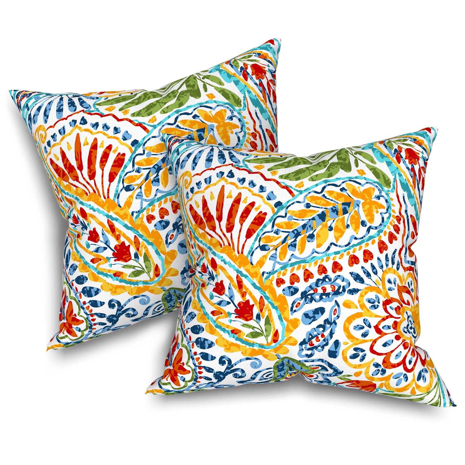 Premium 16x16 Inch All-Weather Throw Pillow Covers Set of 2 - Indoor/Outdoor Square Decorative Cushion Cases for Sofa, Patio & Home Decor - Paisley Design Multi-Color Pillow Protectors for Living Room, Bedroom & Garden Furniture