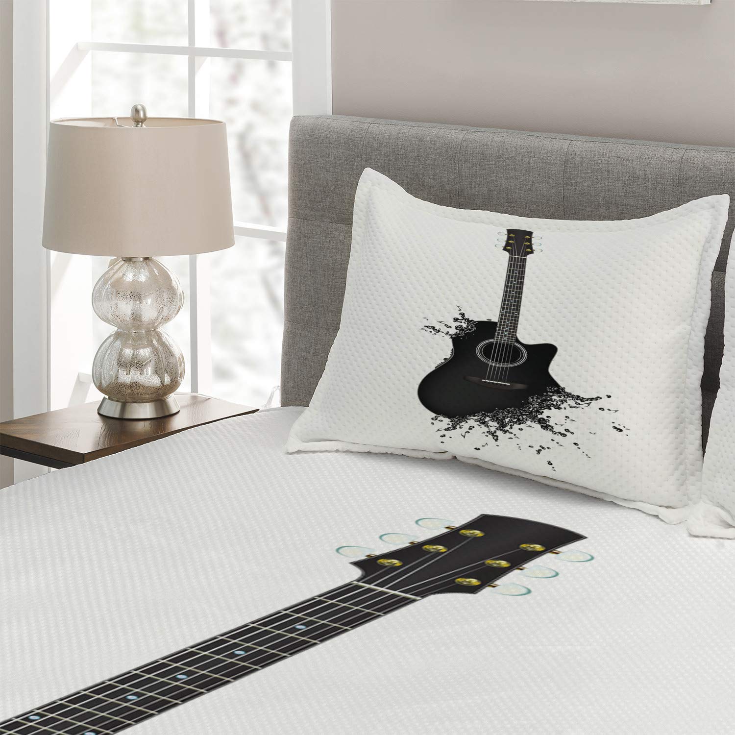 Ambesonne Guitar Quilt Set - 3 Piece Queen Size Bedspread with 2 Pillow Shams, Black & White Monochrome Acoustic Instrument Design - Perfect for Music Lovers' Bedroom Decor & Gift for Musicians