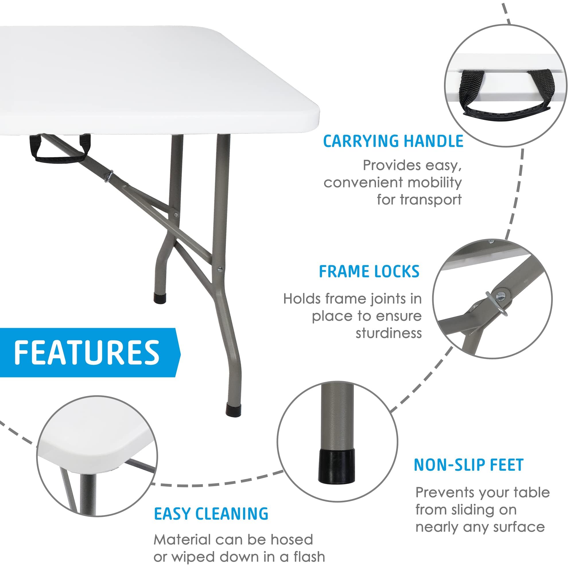 8FT Heavy Duty Folding Table - Portable Indoor Outdoor Camping Party Table with HDPE Tabletop & Carrying Handle - White - Perfect for BBQs, Picnics, Tailgating and Outdoor Events
