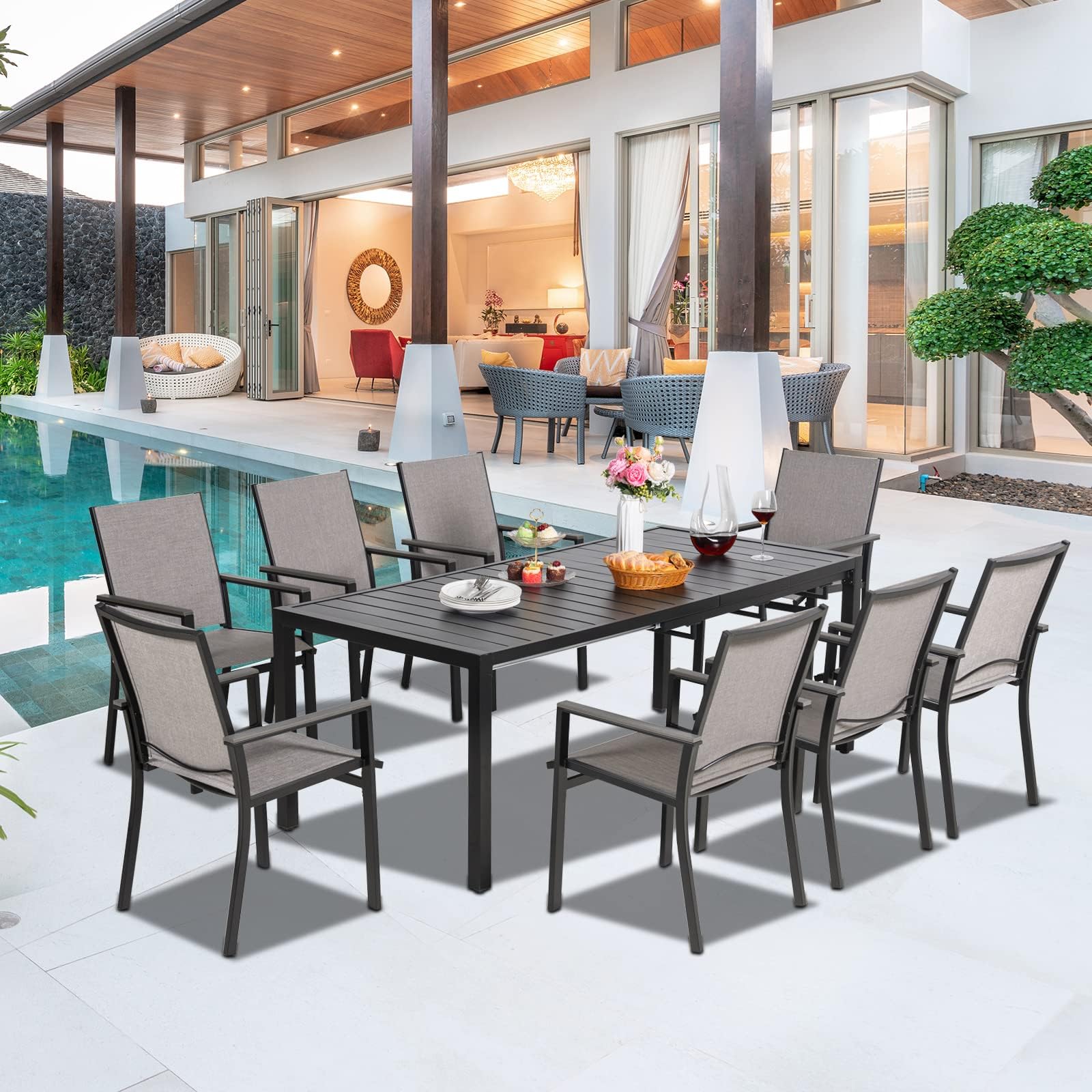 MEOOEM Extendable Patio Dining Table 47-79 Inch Adjustable Outdoor Rectangle Table for 4-8 People - Durable Metal Steel Garden & Poolside Dining Set for Backyard, Deck, and Outdoor Entertaining