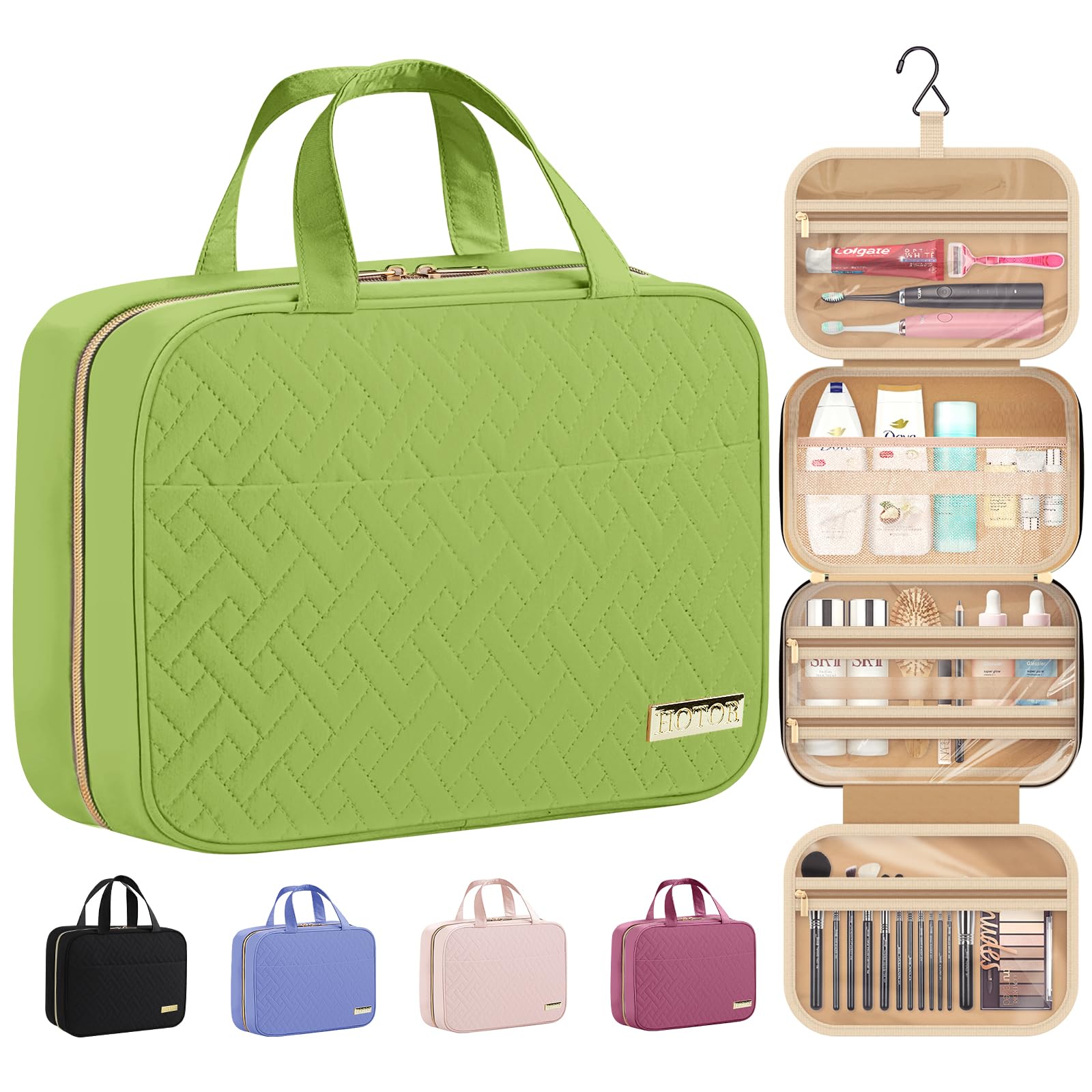 HOTOR Hanging Travel Toiletry Bag for Women & Men - Waterproof Makeup Organizer with Spacious Compartments - Perfect for Vacation, Camping & Business Trips - Medium Size in Avocado Green