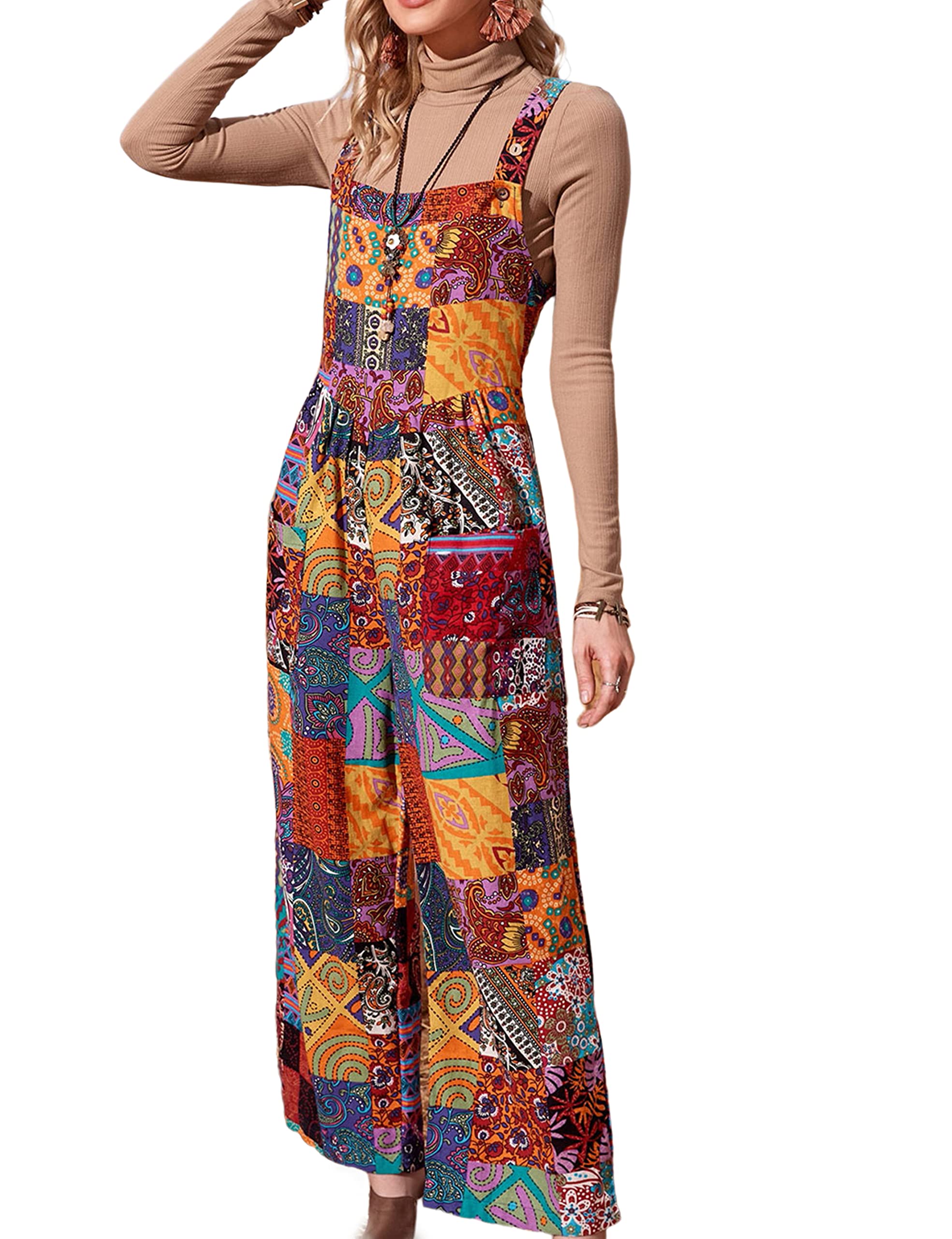 UANEO Women's Summer Floral Print Bib Overalls - Boho Chic Sleeveless Wide Leg Jumpsuit | Casual Outfit for Beach, Music Festivals & Summer Vacations
