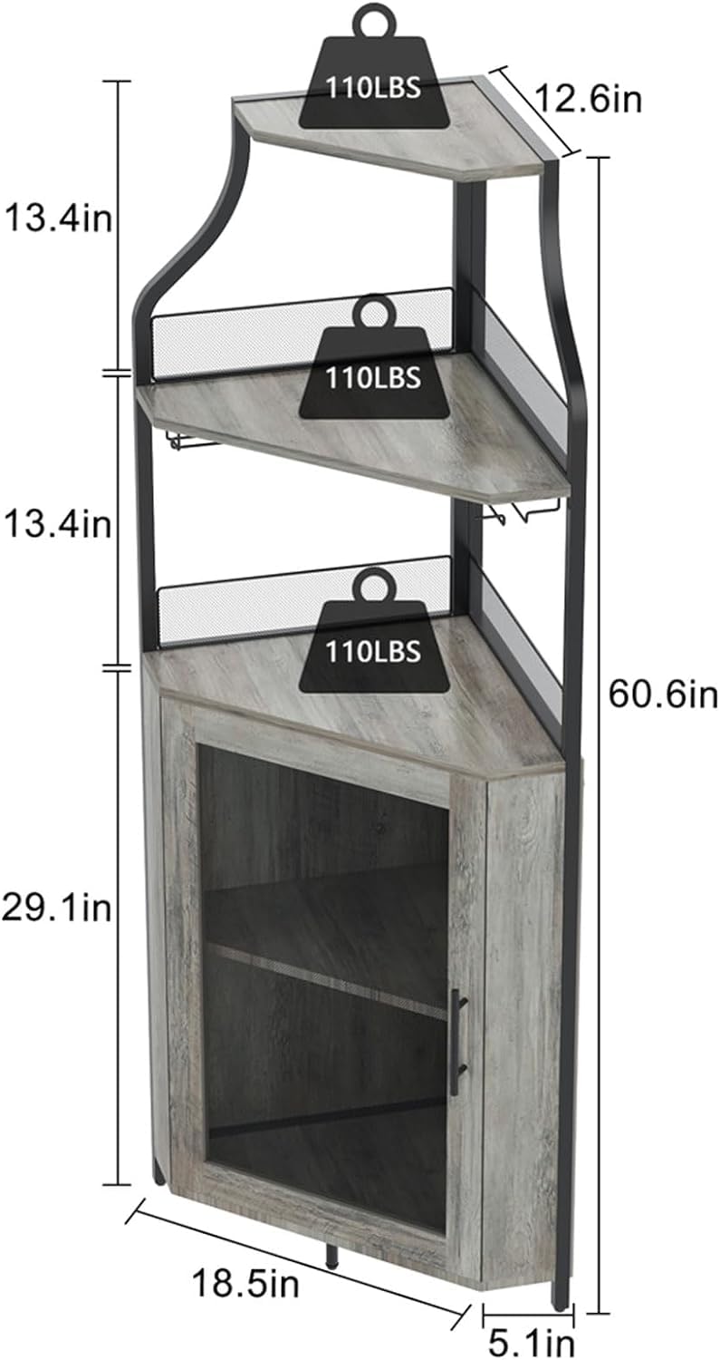 IDEALHOUSE 4-Tier Corner Wine Bar Cabinet with Large Storage Space, Detachable Wine Rack, Glass Holder & Mesh Door - Perfect for Home Bar, Dining Room or Living Room Decor (Grey)