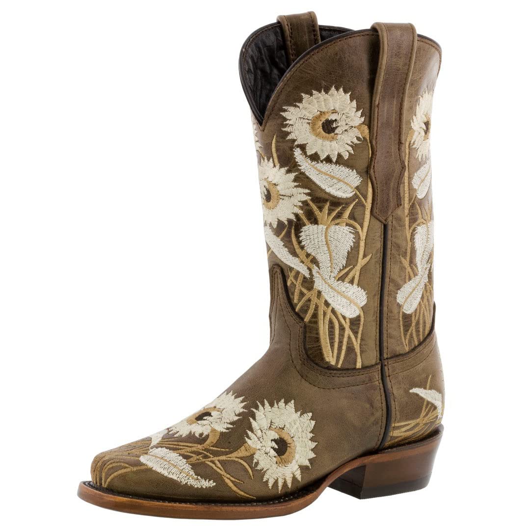 Texas Legacy Women's Light Brown Western Boots with Sunflower Embroidery - Genuine Leather Square Toe Cowgirl Boots for Country Dancing, Rodeo & Casual Wear