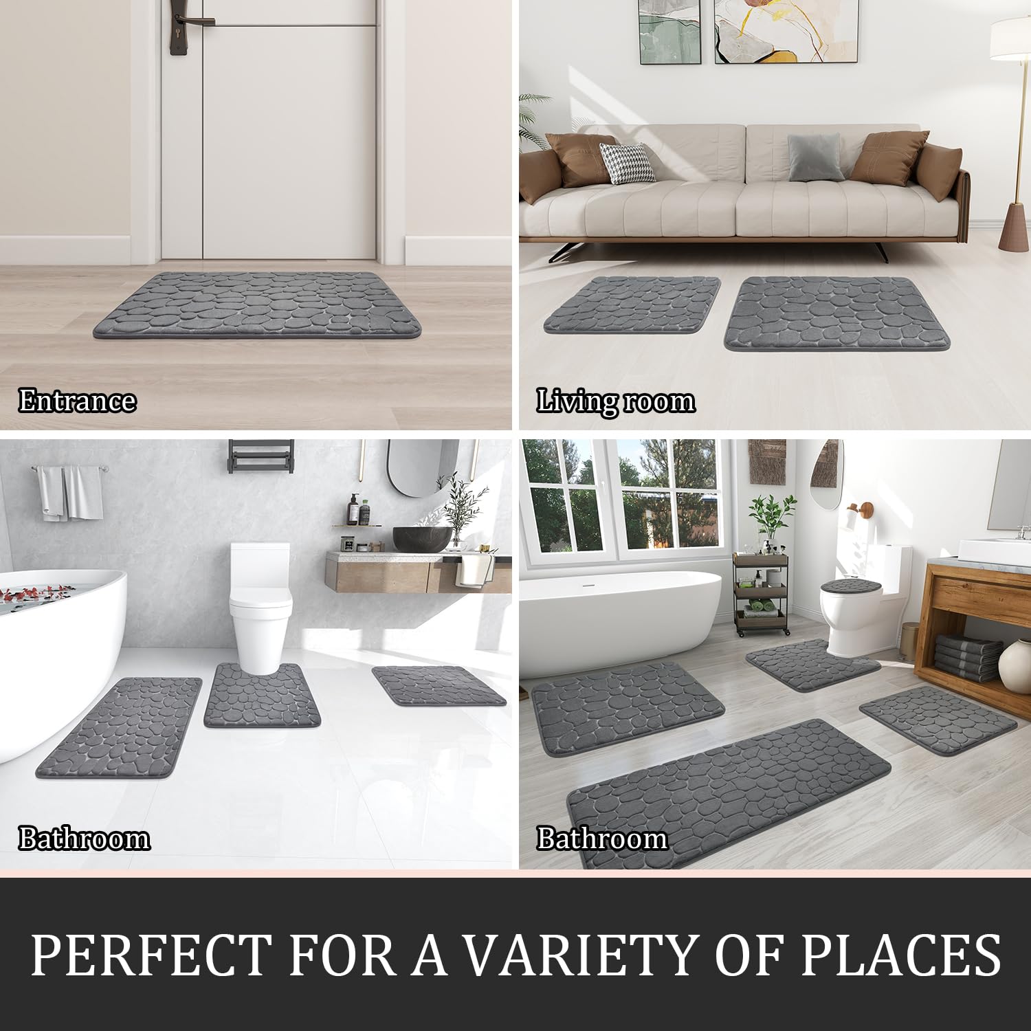 YIHOUSE 3-Piece Memory Foam Bathroom Rugs Set - Non-Slip, Washable for Tub & Floor