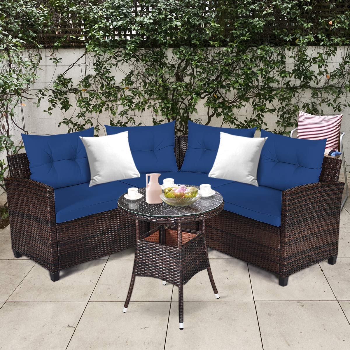 Tangkula 4-Piece Outdoor Patio Furniture Set - Modern C-Shape Wicker Sectional Sofa with Cushions & Glass Coffee Table, Water-Resistant Rattan Deck Set for Garden, Poolside, Balcony, Backyard (Navy Blue) | Perfect for Outdoor Relaxation & Entertaining