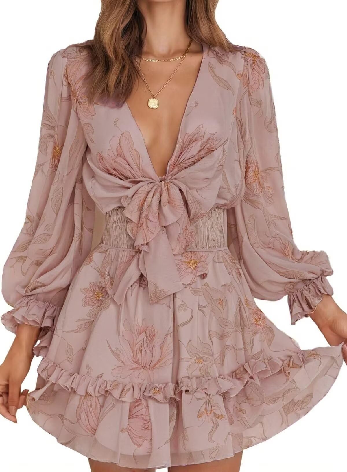 Dokotoo Women's Elegant Deep V Neck Knotted Tiered Chiffon Mini Skater Dress - Summer Casual Swing Dress for Party, Date, Beach & Vacation 2025