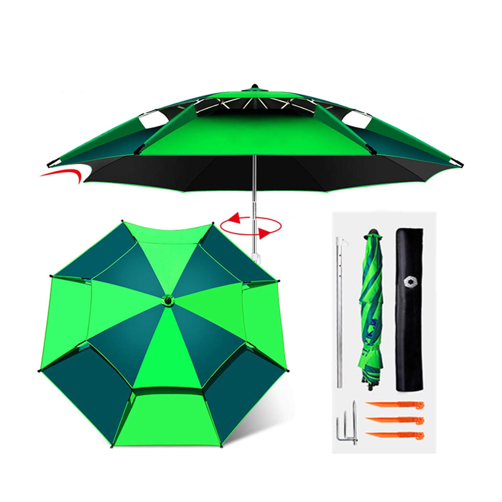 Large Windproof Beach Umbrella - Portable Outdoor Sun Shade with Tilt & Air Vents, Sand Anchor - Perfect for Camping, Park, Fishing, Picnics & Beach Days (Green)