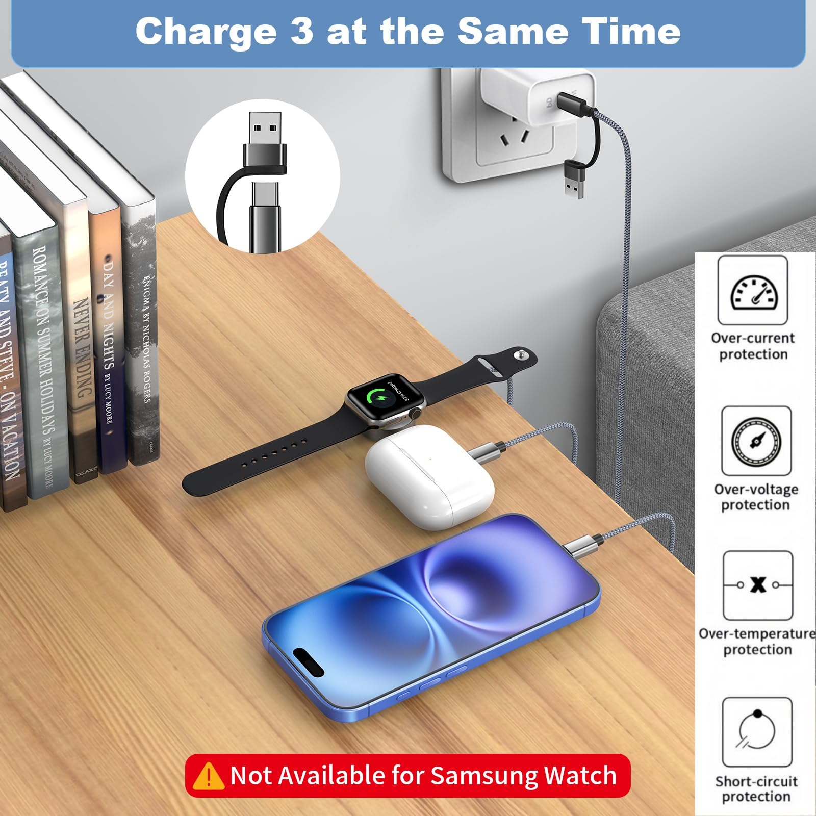 3-in-1 Magnetic Wireless Charger for Apple Watch/iPhone/AirPods - Fast Charging Station Compatible with iWatch Ultra/SE/Series 1-10 & iPhone 16/15/14/13/12/11/Samsung Galaxy S23 - Perfect for Home, Office & Travel Charging Needs