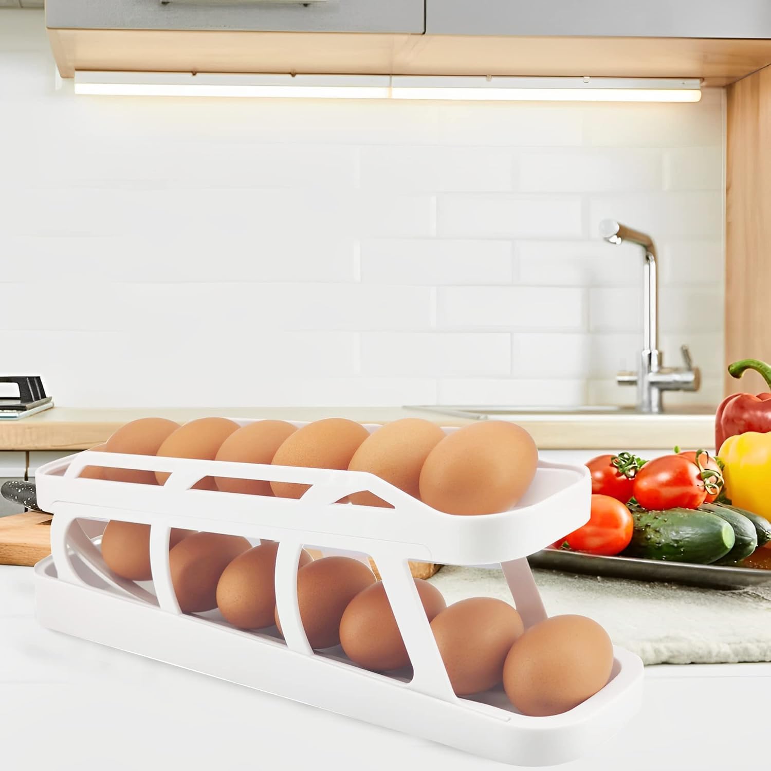 AVMPHD 2-Tier Automatic Rolling Egg Storage Container for Refrigerator - Space Saving Egg Holder with Anti-Slip Bottom for Fridge, Countertop & Cabinet | Perfect for Kitchen Organization & Fresh Egg Storage