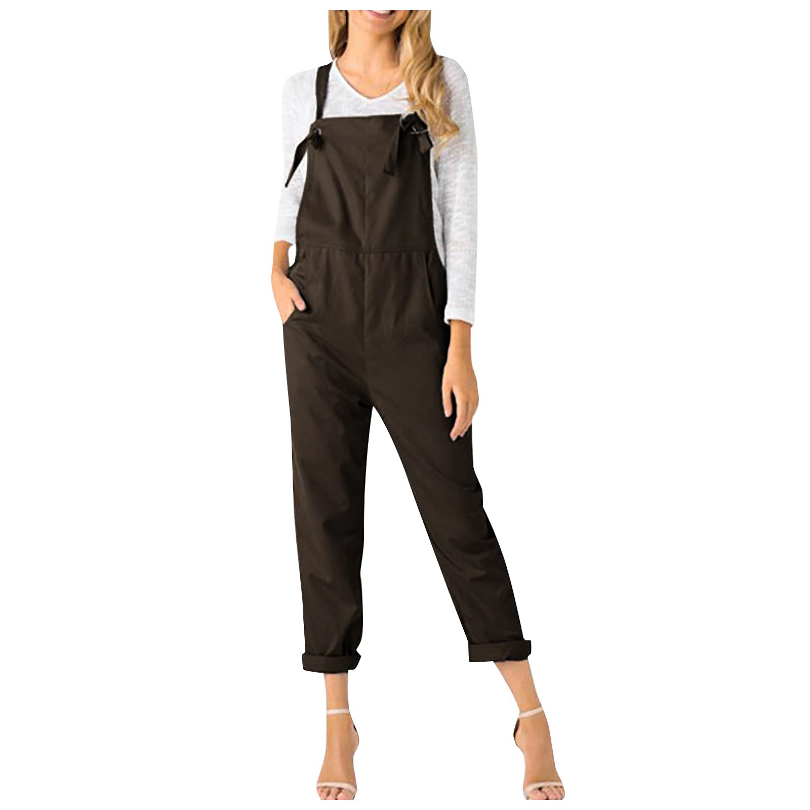 PEGONE Women's Long Sleeve Fashion Casual Loose Fit Classic Jumpsuit with Pockets & Suspenders - Perfect for Work, Travel, and Everyday Wear