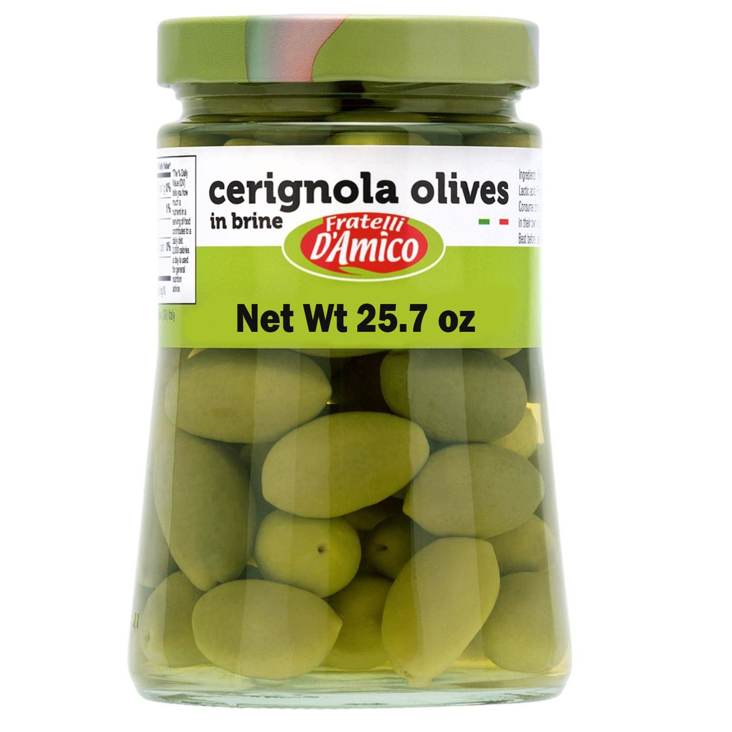 Fratelli D'Amico - Cerignola Green Olives in Brine, 25.7 oz (730g) Family Size Jar | Non-GMO, Italian Imported Olives | Perfect for Salads, Charcuterie Boards & Mediterranean Recipes
