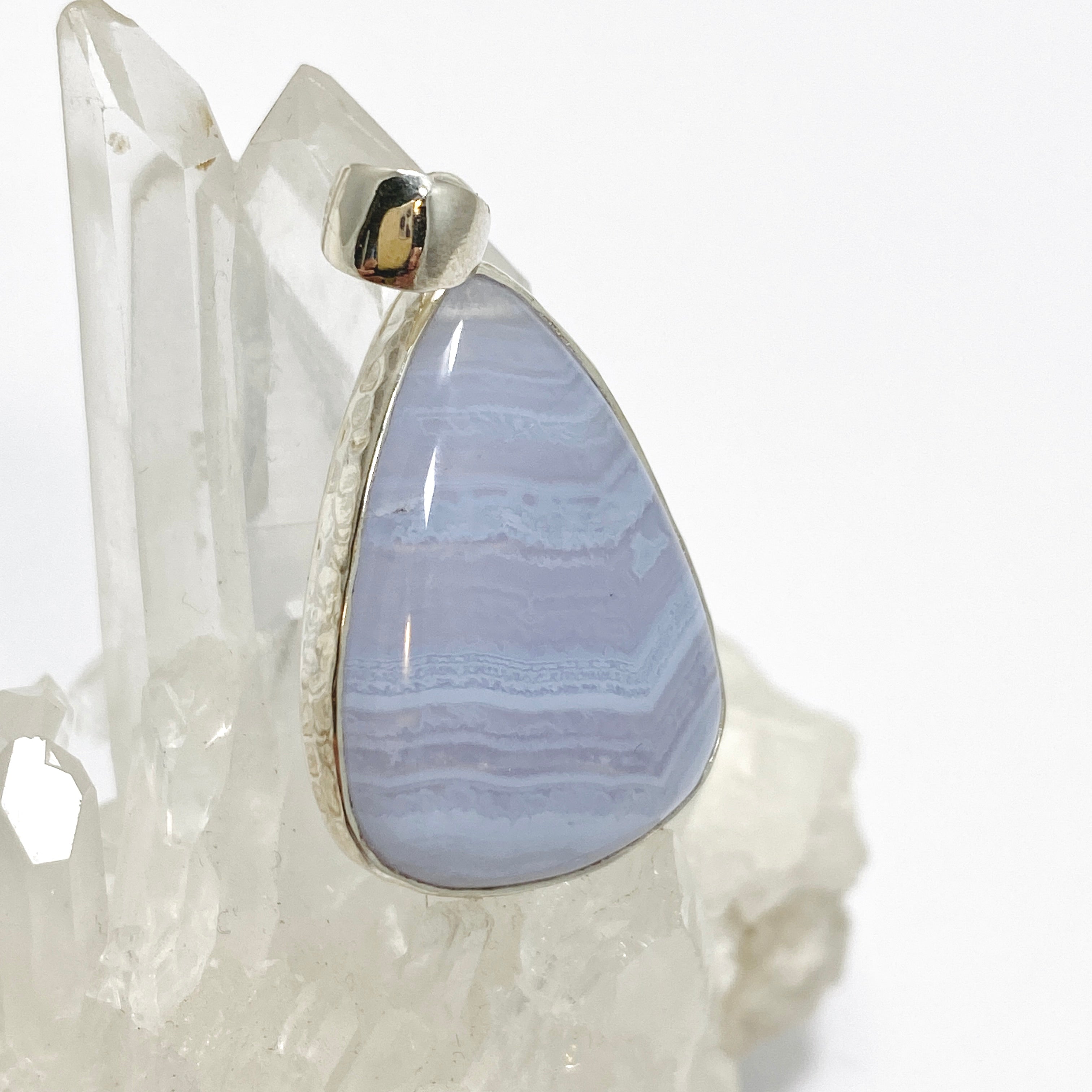 Blue Lace Agate Teardrop Cabochon Pendant in Hammered Sterling Silver Setting KPGJ4830 - Elegant Jewelry for Women, Perfect for Weddings & Special Occasions