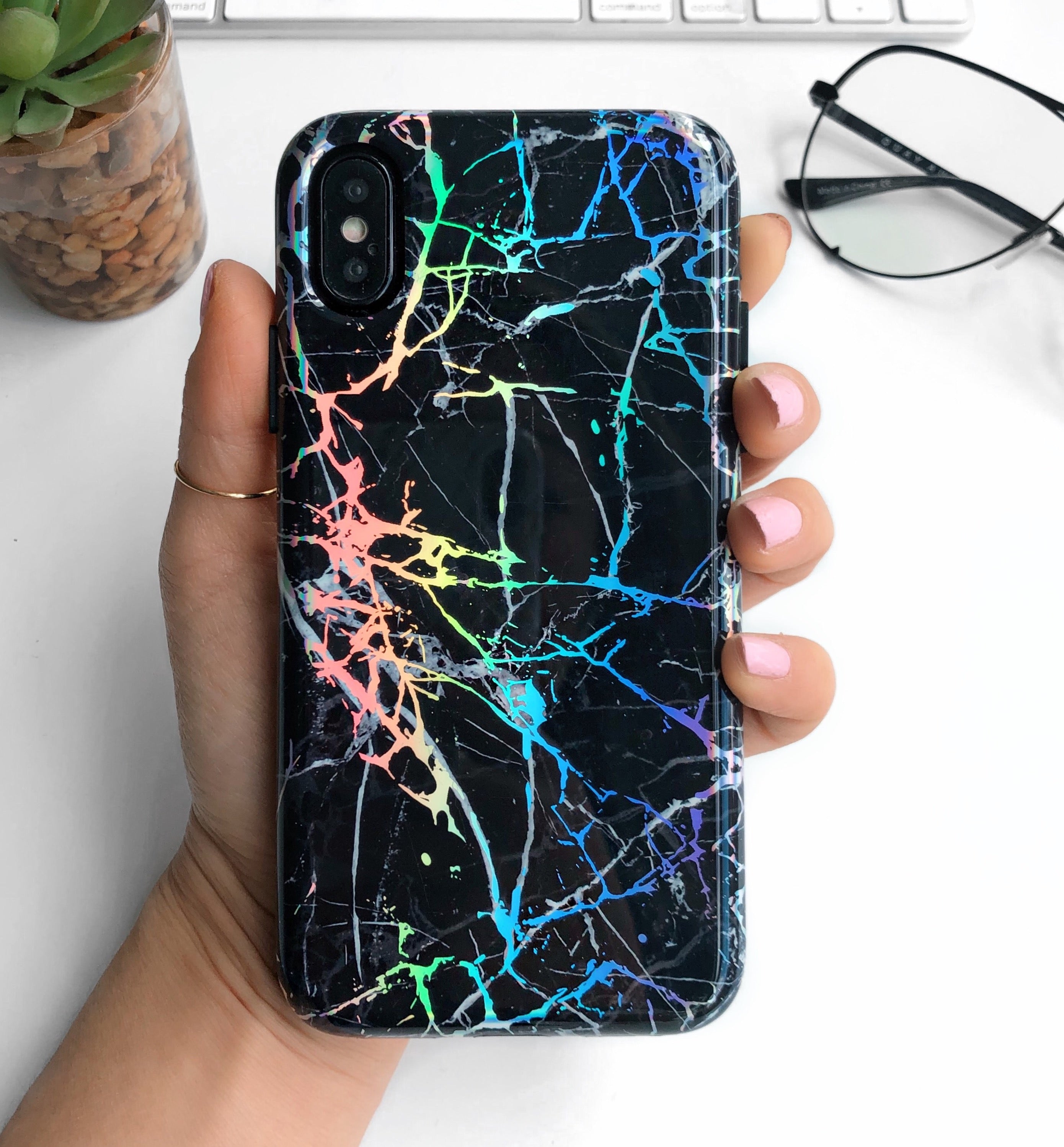 Holo Black Marble iPhone Case - Premium Protective Cover with Glitter & Shimmer | Trendy Phone Case for iPhone 13/14/15 Pro Max | Perfect for Everyday Use, Parties & Gifting