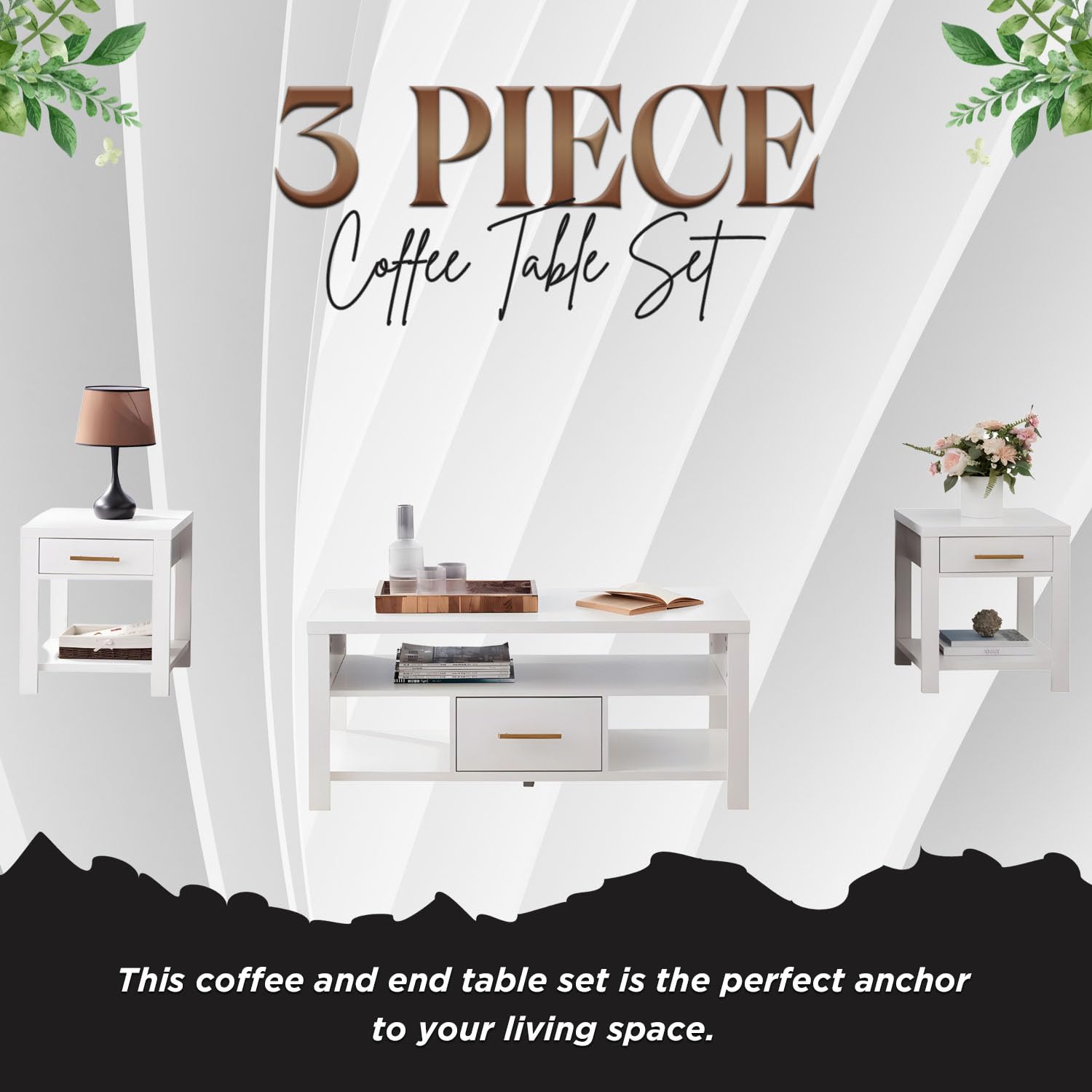 Kings Brand Furniture - Sendero 3-Piece Modern Coffee Table Set with Side Tables, High Storage Living Room Furniture in White - Perfect for Small Spaces, Home Decor & Entertaining Guests