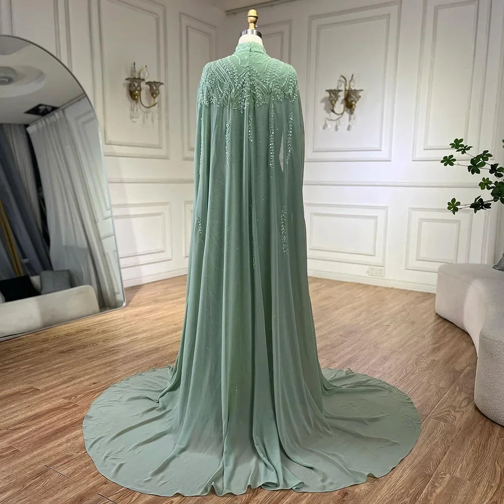 Luxury Dubai Muslim Sage Green Mermaid Cape Sleeves Beaded Satin Evening Gowns for Women - Elegant Party Dresses for Weddings, Galas & Special Occasions
