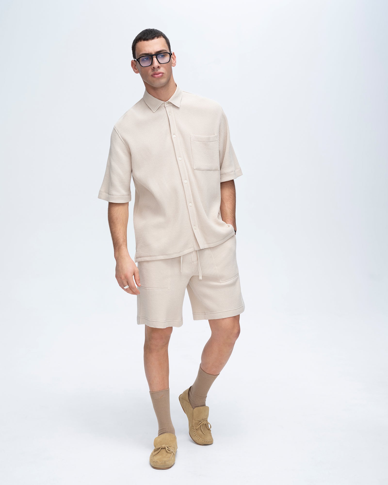 Soft Beige Waffle Short Sleeve Button Front Pocket Shirt for Men - Casual Comfort Wear for Everyday Outings and Weekend Relaxation