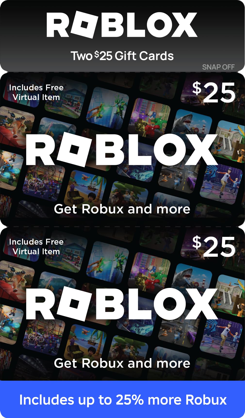 Roblox $25 Physical Gift Card Multipack (2 Cards) - Includes Free Virtual Item & Worldwide Redemption | Perfect for Gaming Gifts, Birthday Presents & Online Purchases