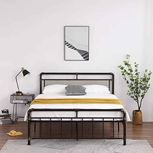 Black Gold Painted Iron Bed Frame with Single-Layer Headboard & Soft Pull Buckle - Sturdy Metal Platform Bed for Master Bedroom, Guest Room, Dorm or Apartment