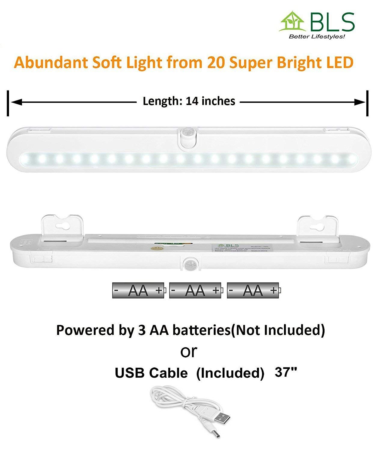 BLS T01L LED Closet Light - 20 Super Bright LEDs, Wireless Motion Sensor Light with Auto On/Off, Adjustable Light Beam - Battery/DC Powered Under Cabinet Lighting for Kitchen, Wardrobe, Pantry, Garage Storage