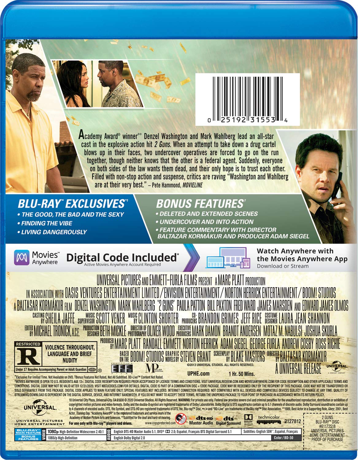 2 Guns Blu-ray Movie - Action Crime Thriller Starring Denzel Washington & Mark Wahlberg - Perfect for Movie Nights & Home Entertainment