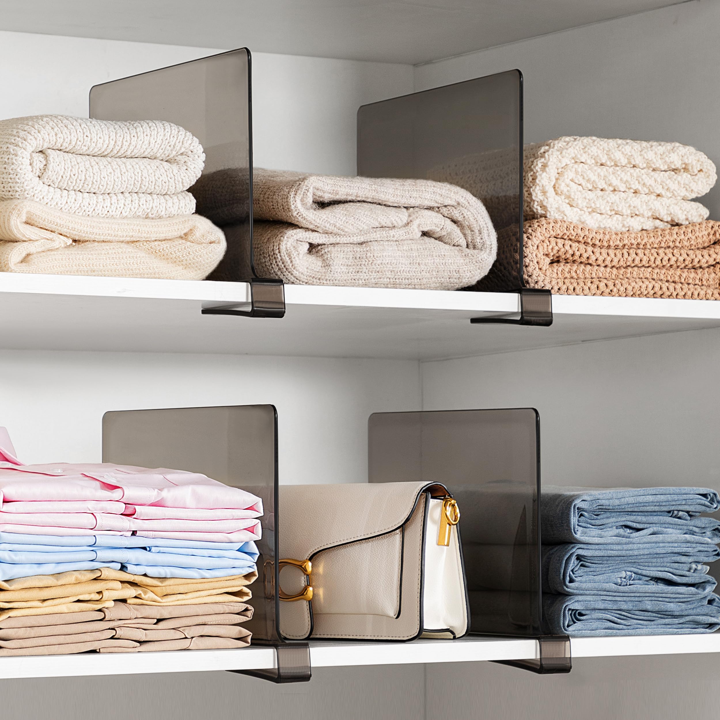 HBlife 8 Pack Grey Shelf Dividers - Adjustable Acrylic Closet Organizer for Sweaters, Shirts & Handbags | Perfect for Bedroom, Kitchen & Bookshelf Organization | Space Saving Storage Solution for Home & Office