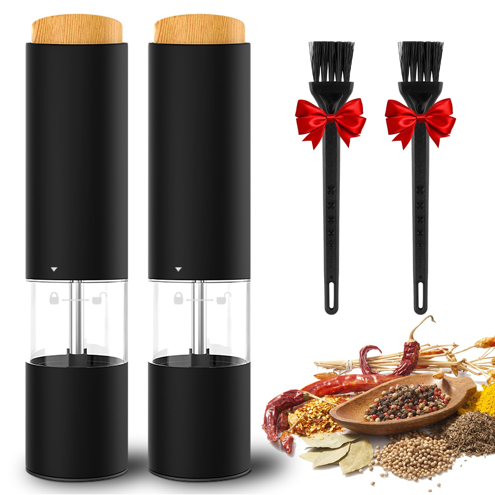 Premium Electric Salt and Pepper Grinder Set - 2 Pack Automatic Battery Powered Mills with Adjustable Coarseness, LED Light & One-Hand Operation - Perfect for Kitchen, Dining Table & Outdoor Cooking (Black)