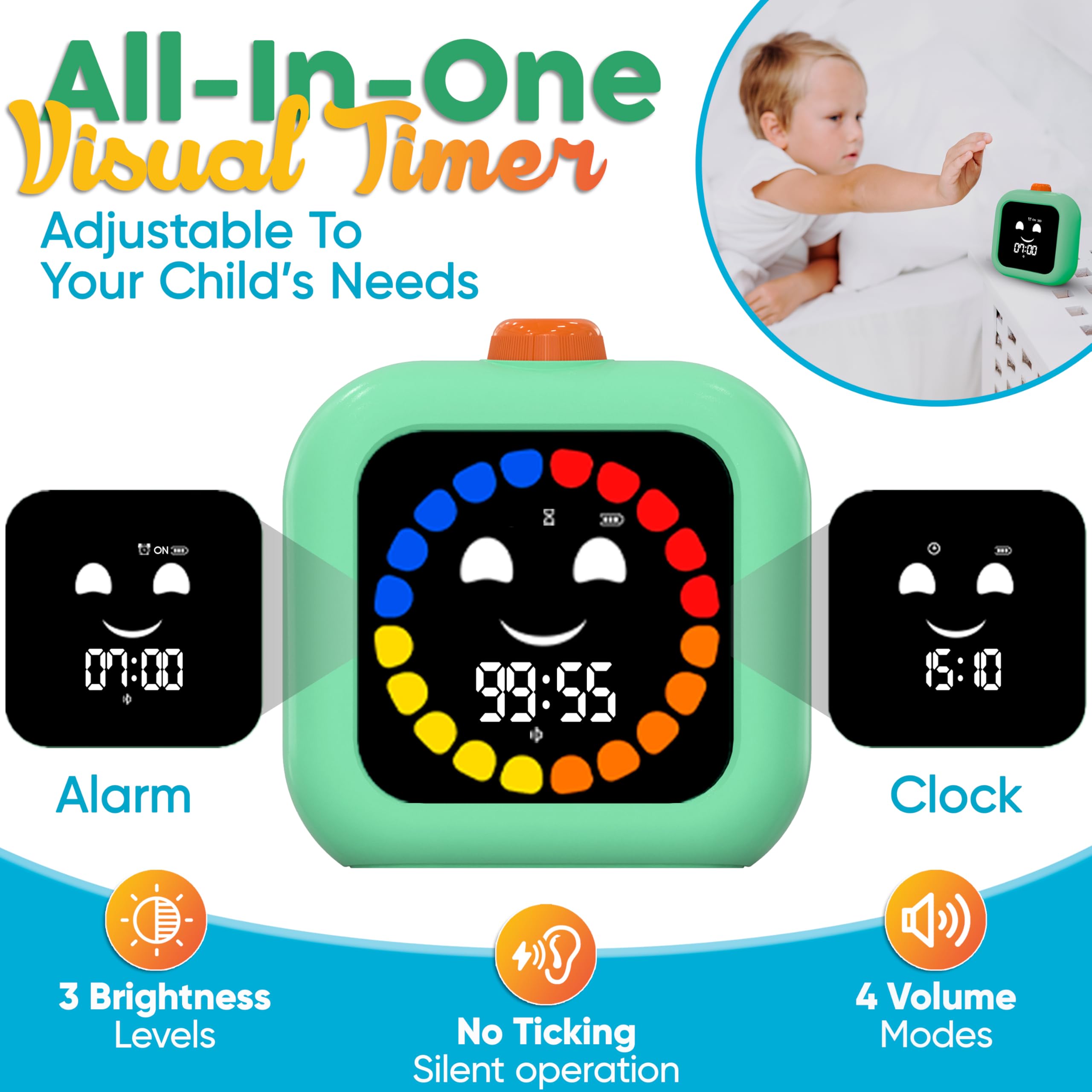 Visual Timer for Kids - 99 Minute Digital Rechargeable Countdown Timer with Adjustable Settings for Classroom, Homework & Screen Time - Autism & ADHD Time Management Tool (Green) - Perfect for Study Sessions, Chores & Focus Activities